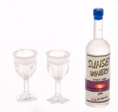 Dollhouse Miniature White Wine W/2 Goblets